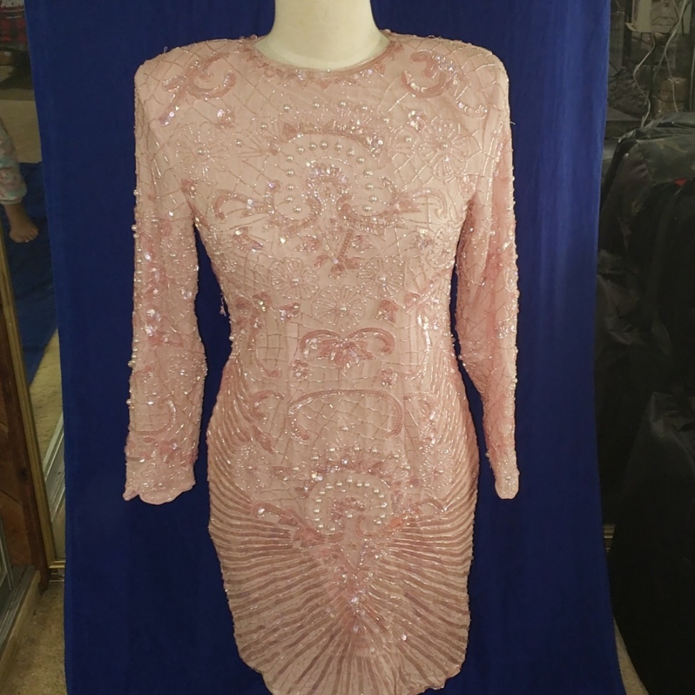 Pink long sleeve sequin, bead and faux pearl dress